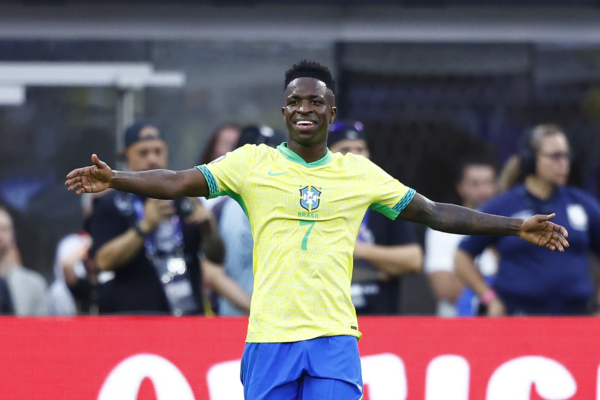 INGLEWOOD, CALIFORNIA - JUNE 24: Vinicius Junior of Brazil gestures during the CONMEBOL Copa America 2024 Group D match between Brazil and Costa Rica at SoFi Stadium on June 24, 2024 in Inglewood, California. 